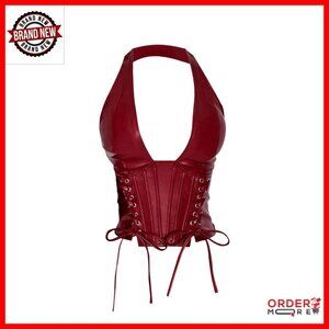Plus Size Halter Top PU Leather Deep V Neck Lace Up Backless Sleeveless Crop